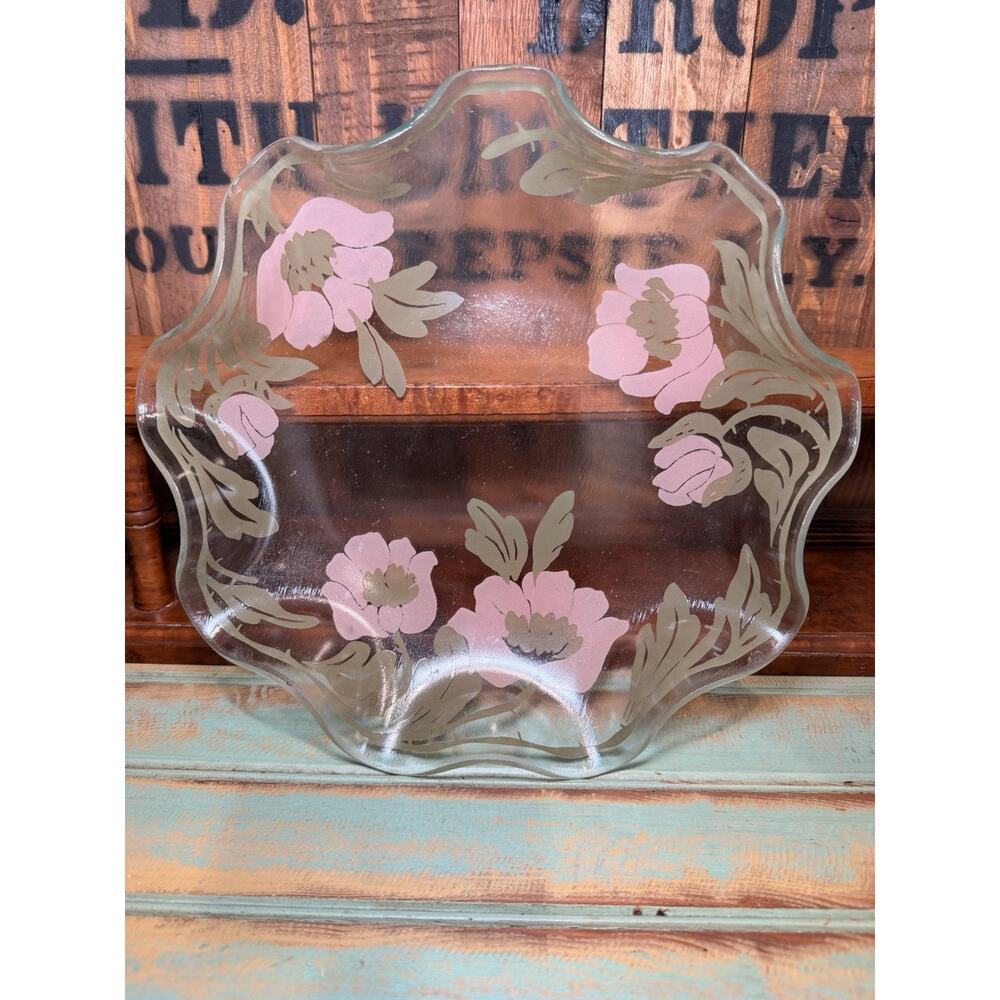 Vintage 1950s Appleman Art Glass Scalloped Ruffled Crystal Peach Poppy Bowl